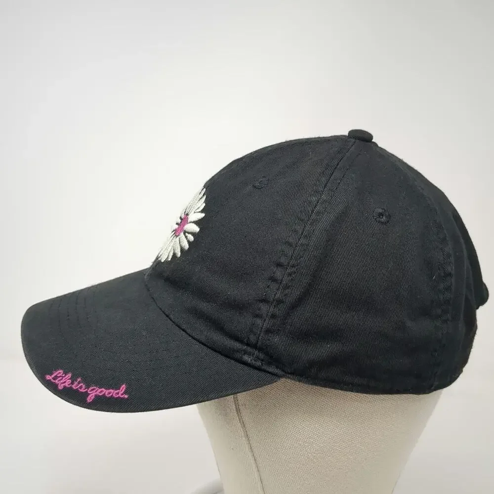 Life is good Baseball Cap Black One Size Hat Embroidered Daisy Slideback Pink
